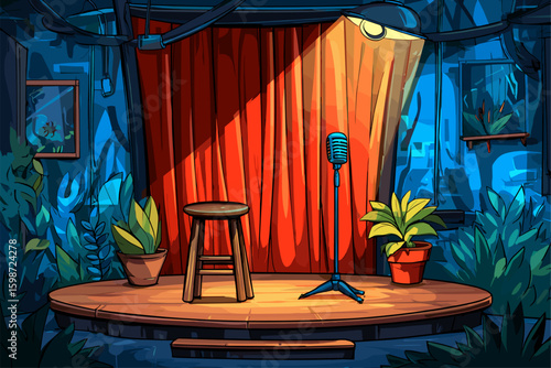 Cozy Comedy Stage with Microphone and Plants in a Vibrant Setting