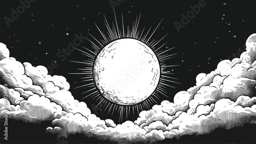 Engraving Illustration of Moon Shining Through Trees