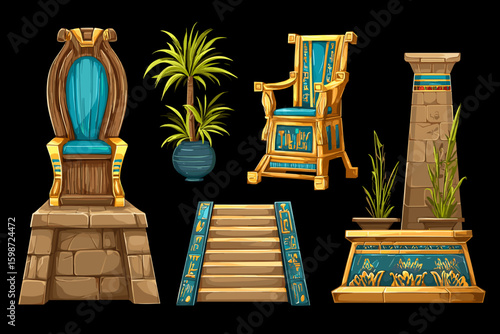 Ancient Egyptian Themed Assets: Thrones, Columns, and Plants for Creative Projects