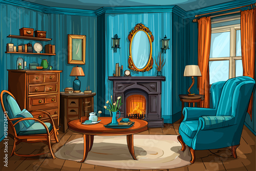 Cozy Living Room Illustration with Blue Accents and Warm Fire