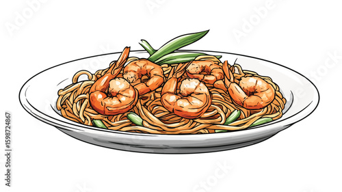 Delicious Engraving Illustration of Pad Thai Noodle