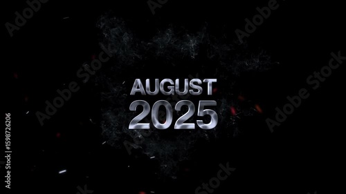 2025 August Text Animation, The month of august and the year 2025 are presented in a smoky ethereal font with glowing embers on a dark background