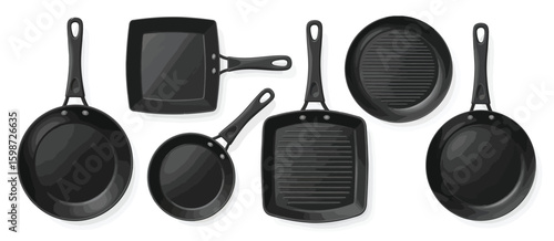 Collection of various black frying pans and grill pans on a white background