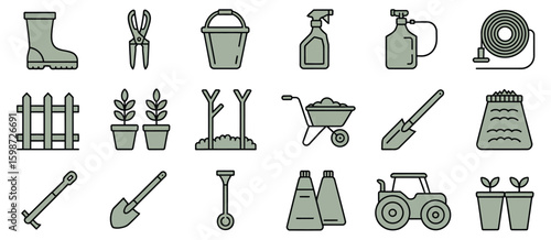 Collection of garden and farming tools and equipment icons