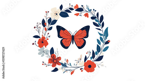 Elegant Floral Butterfly Wreath Illustration in Simple Flat Design
