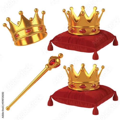 Golden royal crowns and scepter on red cushions isolated on white background