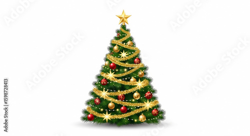 Decorated Christmas Tree with Gold Tinsel Red and Gold Ornaments holiday festive
