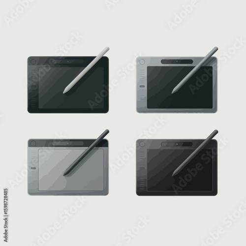 Four digital drawing tablets with stylus pens on a light background