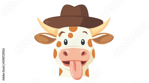 Funny Curious Cow with Long Tongue in Hat