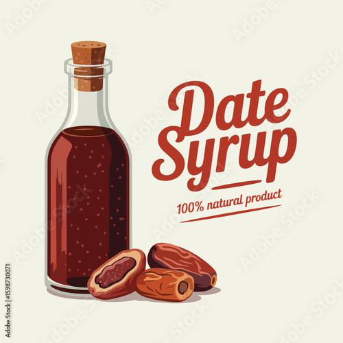 Glass bottle of date syrup with whole and sliced dates
