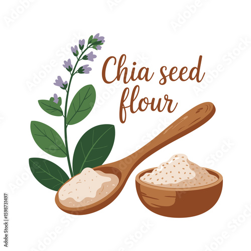 Healthy chia seed flour in wooden spoon and bowl with plant