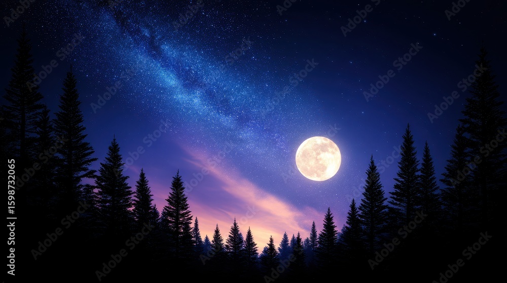 Fototapeta premium Serene night sky with a full moon illuminating a forest under a starry backdrop