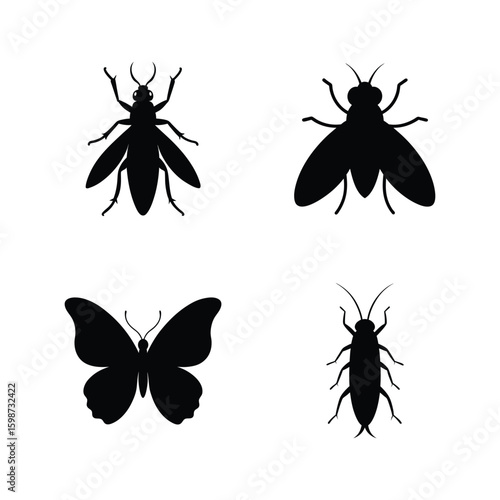 Insect silhouette set with caddisfly butterfly botfly and borer vector illustration.