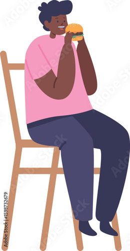 Boy eating burger sitting chair