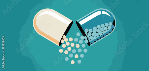 Open heart shaped capsule spilling small pills on teal background
