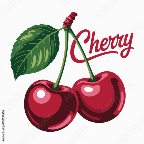 Juicy red cherries with green leaf and script text