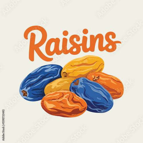 Pile of colorful raisins with the word raisins written above