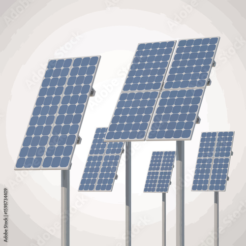 Array of modern solar panels on poles against a light background