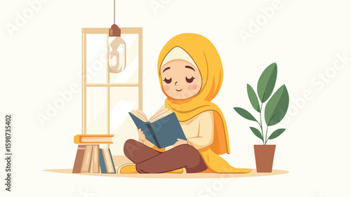 Young Muslim Girl Studying - Educational Illustration for Adobe Stock Photos