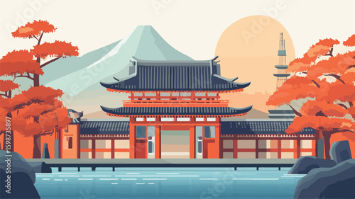 Japanese Culture and Landmark Vector Illustration