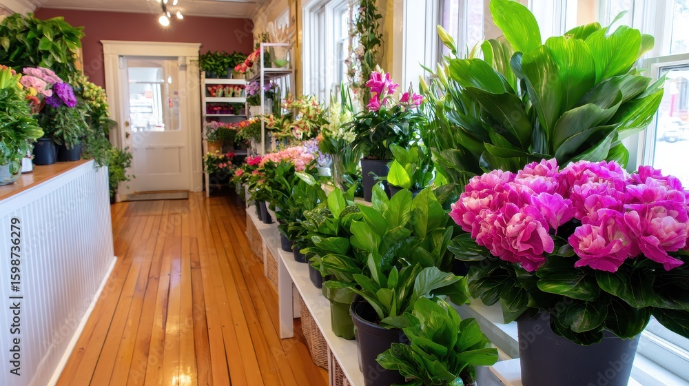 Fototapeta premium Bright floral display in a cozy flower shop, showcasing vibrant plants and flowers along a wooden floor