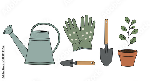 Illustration of gardening tools including watering can and gardening gloves