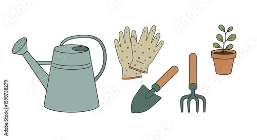Illustration of watering can gloves trowel fork and potted plant on white
