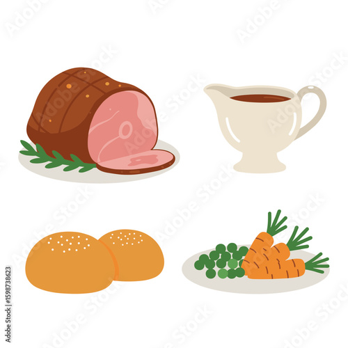 Illustration of a ham with gravy boat rolls and carrots with peas dish