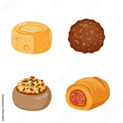 Illustration of cheese roll meatball stuffed mushroom and sausage roll