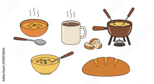Illustration of soup bowls, mug, fondue pot, bread, and spoon on white background