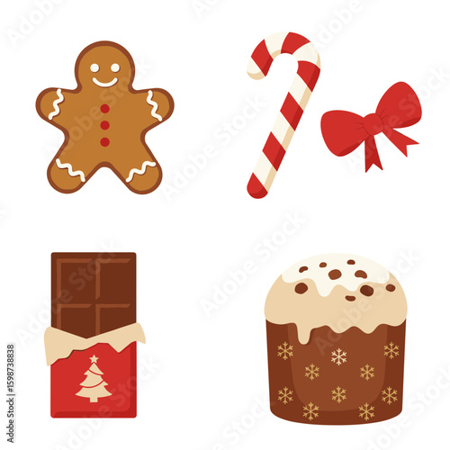 Illustration of christmas treats including gingerbread man and panettone