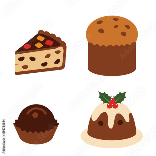 Illustration of a slice of fruitcake, panettone, truffle and christmas pudding
