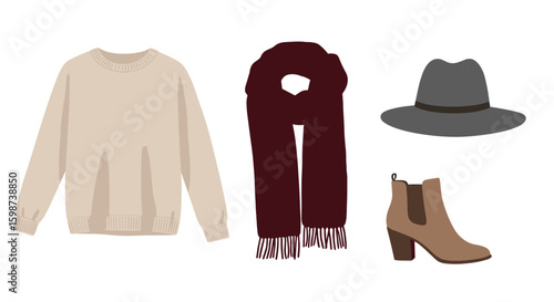 Illustration of a beige sweater, maroon scarf, gray hat, and brown boot