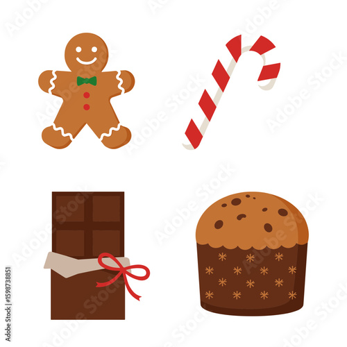 Illustration of a gingerbread man candy cane chocolate bar and panettone