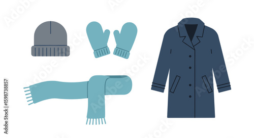 Illustration of a winter coat hat scarf and mittens on a white background