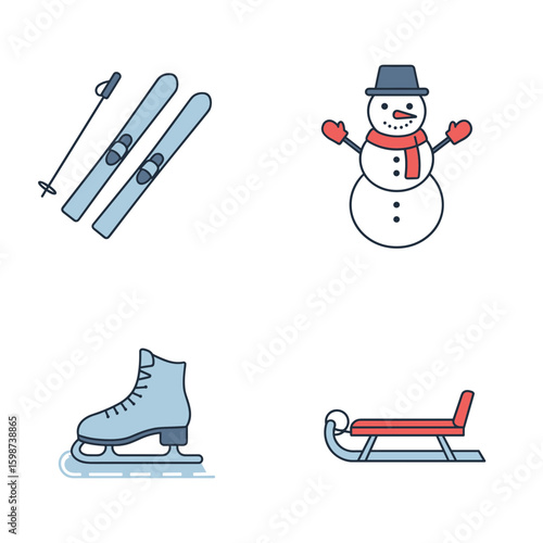 Illustration showing skis, snowman, ice skate, and sled in winter theme