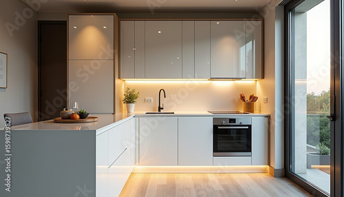 Modern Spacious Kitchen with White Cabinets and Wooden Floors