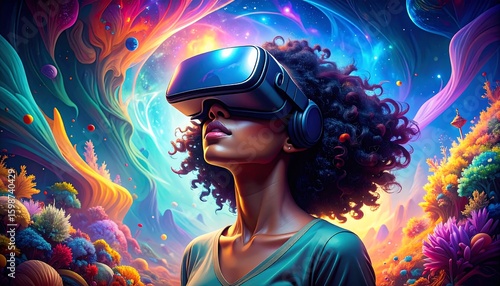 Woman VR, vibrant fantasy landscape