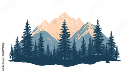 Serene Mountain Fir Forest Landscape in Color Engraving Style