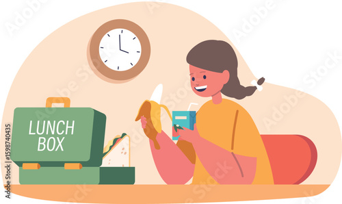 Schoolgirl enjoying lunch time vector illustration
