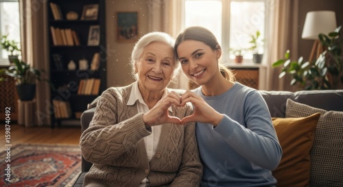 Two women, smiling, forming a heart shape with their hands