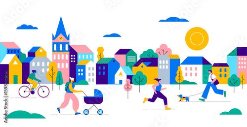 Colorful Urban Public Space. People Walking, Jogging, and Cycling in a City Square.