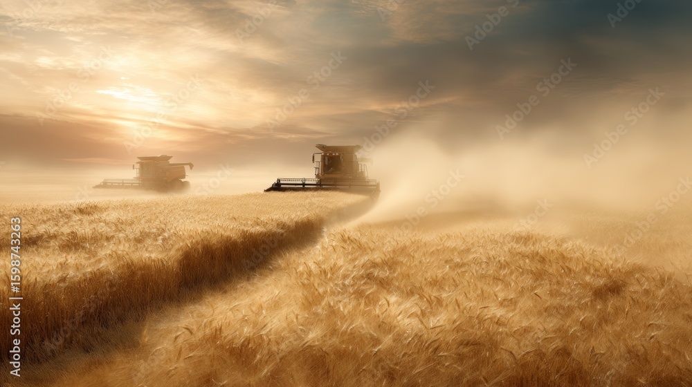 Fototapeta premium Agricultural machinery harvesting golden wheat field, generating dust clouds against golden sunset backdrop, highlighting mechanized farming landscape