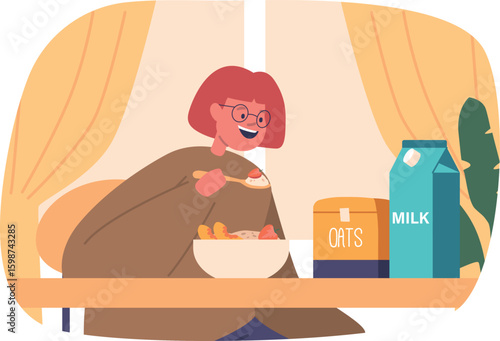 Girl eating oak milk porridge