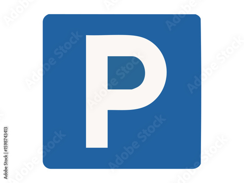 Blue parking sign with white letter p, traffic and road symbol, urban street design, icon for transportation and public spaces, isolated on white background