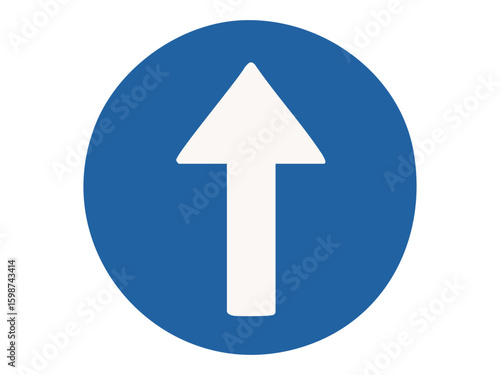 Straight ahead only traffic sign with white arrow inside blue circle isolated on white background, graphic illustration. Concept of mandatory road direction, traffic regulation, design element