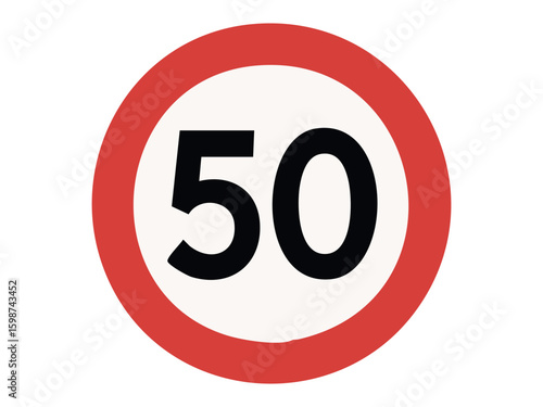 Circular speed limit sign with number 50 in bold black text on white background, red border. concept of traffic safety, road regulations, highway signage, speed control, driver awareness.