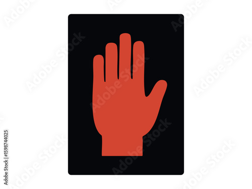 Red hand traffic signal icon sign on black background, graphic illustration. Concept of pedestrian stop sign, crosswalk light symbol, prohibition signal, traffic safety, design element