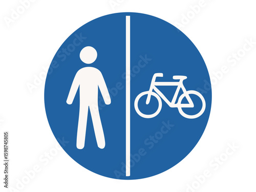 Mandatory road sign with separated pedestrian and bicycle lanes inside blue circle isolated on white background, graphic illustration. Concept of shared path, urban mobility, traffic rule