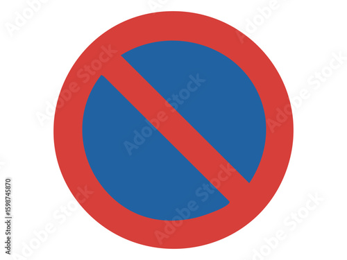 Prohibition road sign with red circle and blue background isolated on white background, graphic illustration. Concept of no stopping, traffic regulation, street parking restriction, design element